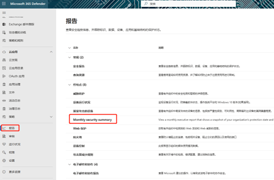 Defender for Endpoint中的每月安全摘要报告